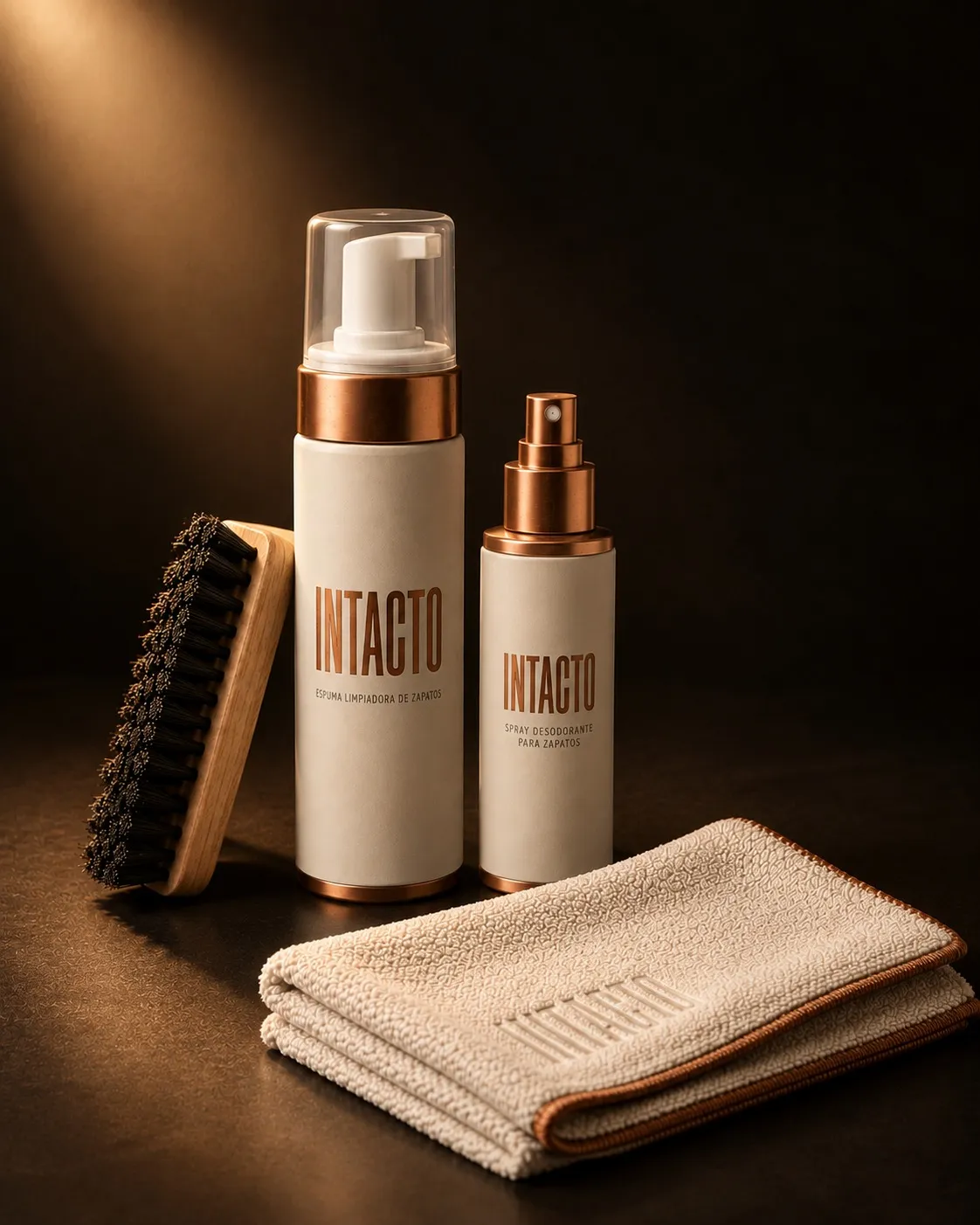 Kit INTACTO: espuma, cepillo, spray y toalla de microfibra